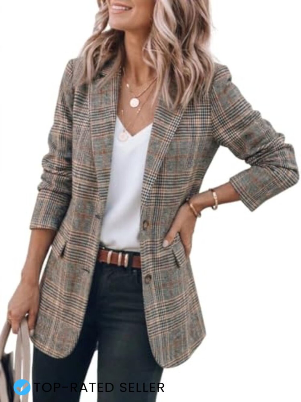 Womens Tweed Blazer Plaid Houndstooth Business Casual Work Suit Jacket